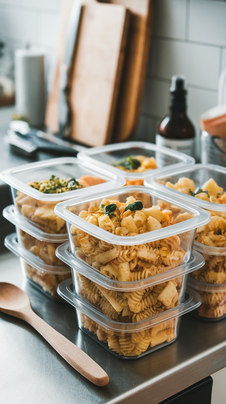 A meal prep setup with containers filled with roasted cauliflower pasta, chickpeas, and caramelized onions.