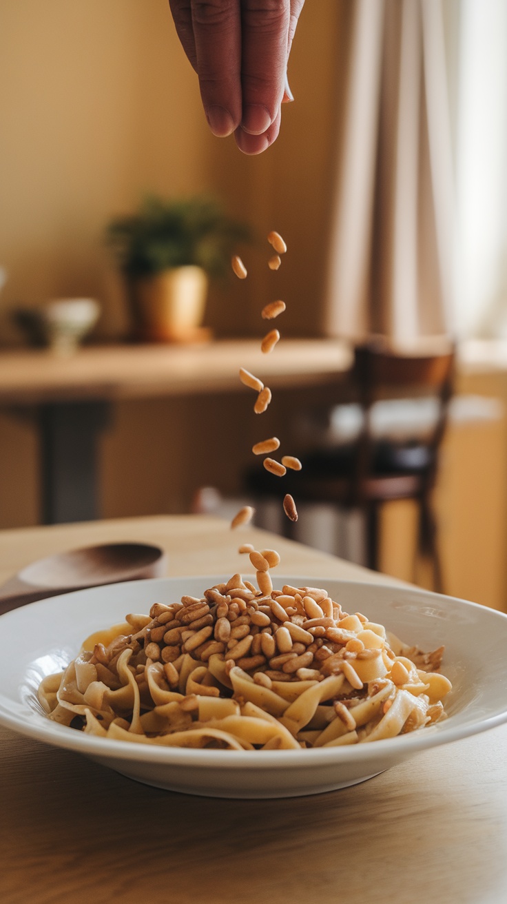 A plate of roasted cauliflower pasta topped with toasted pine nuts