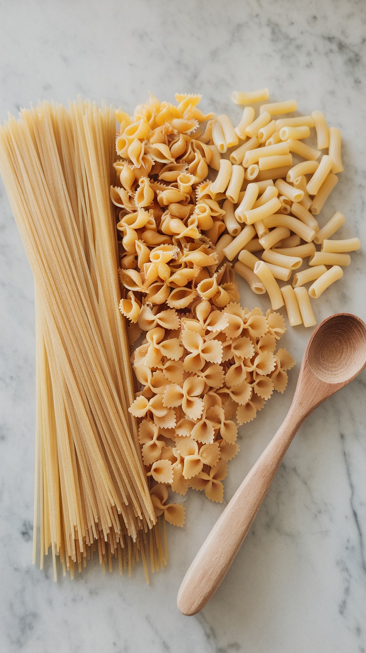 Various types of uncooked pasta arranged on a marble surface, with a wooden spoon.