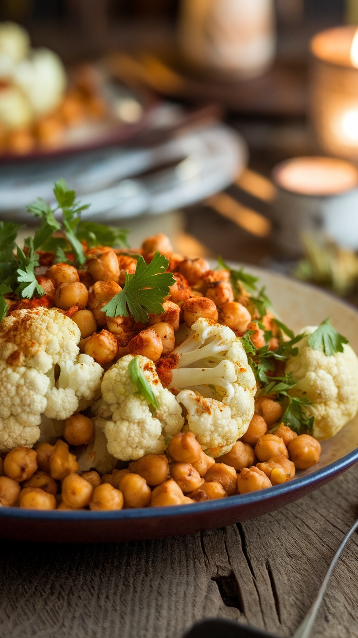 A plate of roasted cauliflower and chickpeas garnished with parsley.