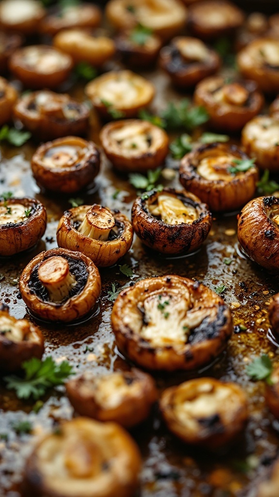 Close-up of roasted mushrooms seasoned with herbs on a baking sheet