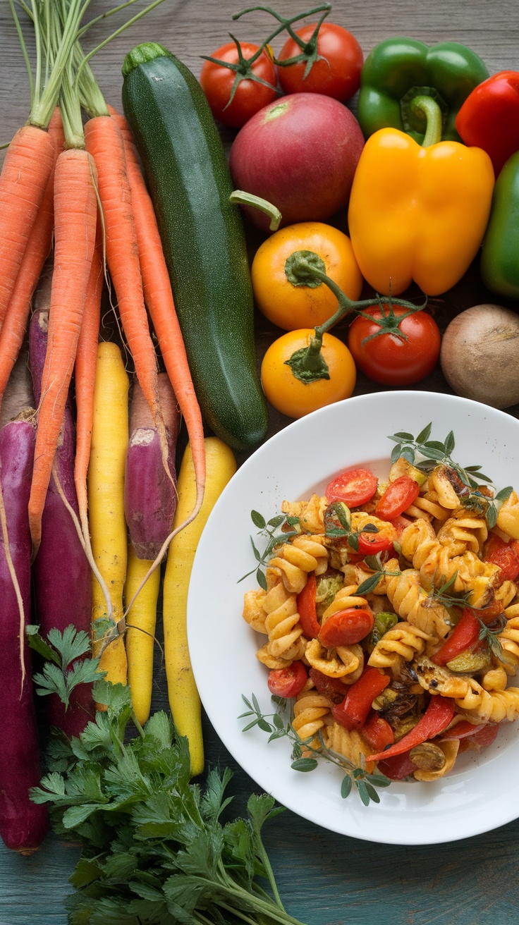 A colorful arrangement of seasonal vegetables with a bowl of pasta.