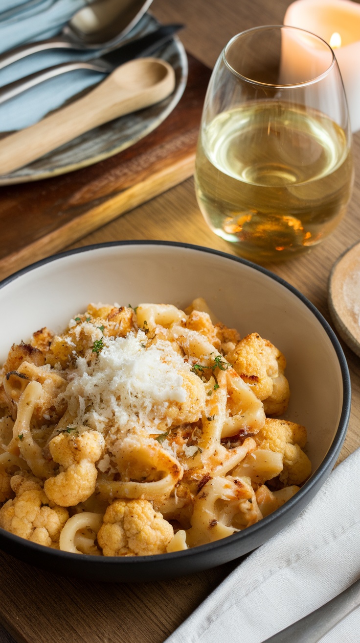 A bowl of roasted cauliflower pasta topped with Parmesan cheese and garnished with herbs.