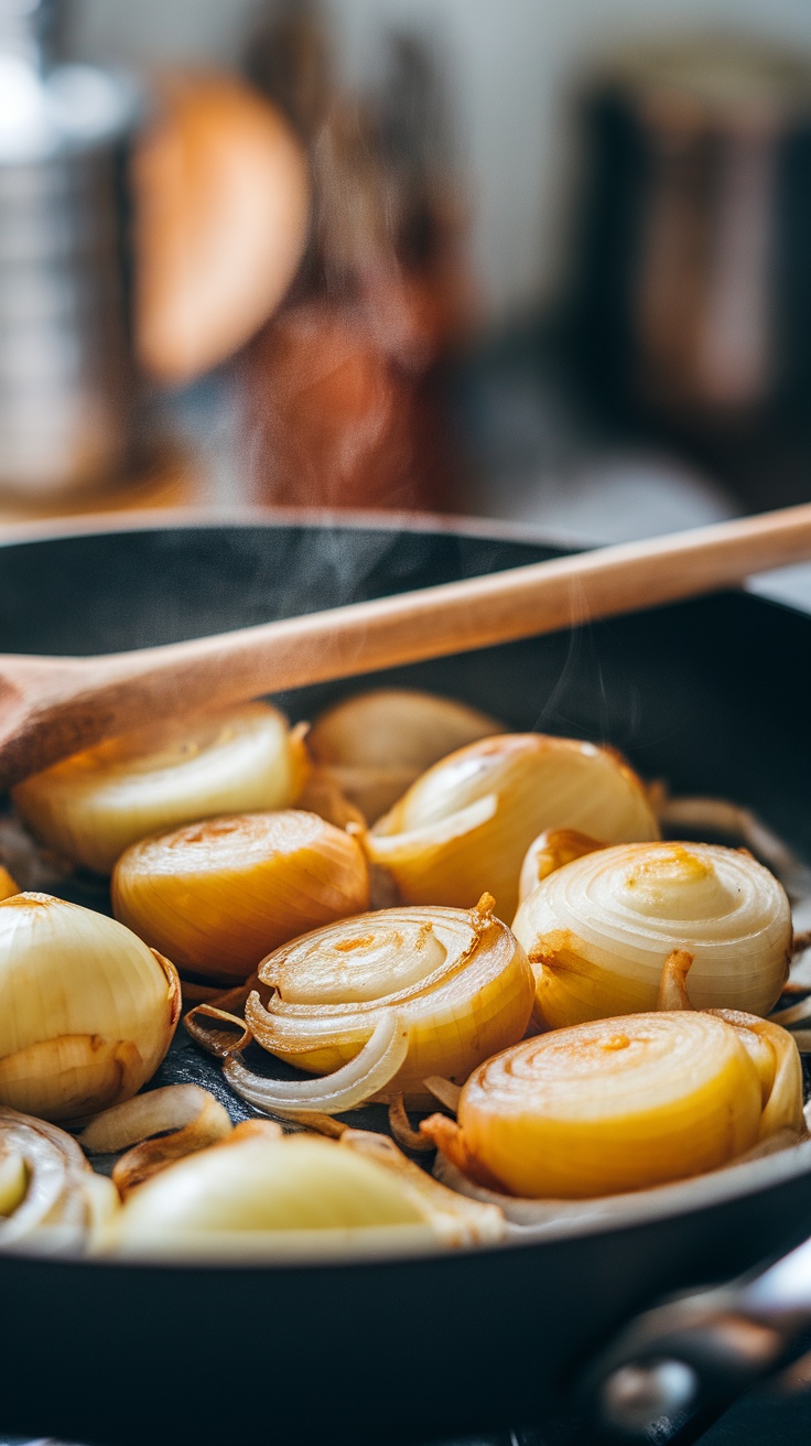 A skillet with caramelized onions being cooked with a wooden spoon.