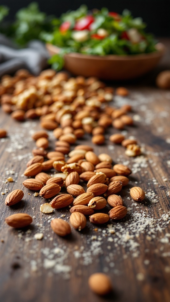 A close-up image of toasted almonds scattered on a wooden surface with a blurred salad in the background.