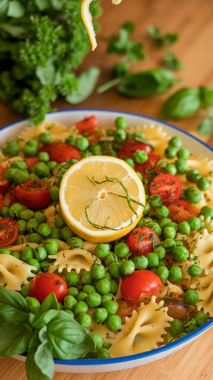 A colorful bowl of roasted cauliflower pasta topped with fresh peas, tomatoes, and a slice of lemon.