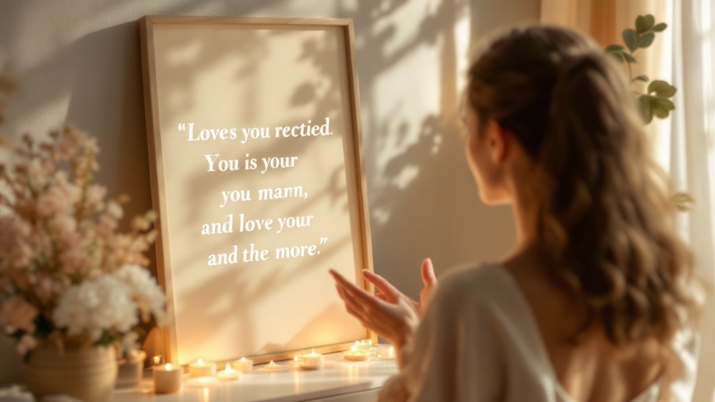 A person looking at a mirror with uplifting affirmations displayed, surrounded by candles and flowers, creating a serene atmosphere.
