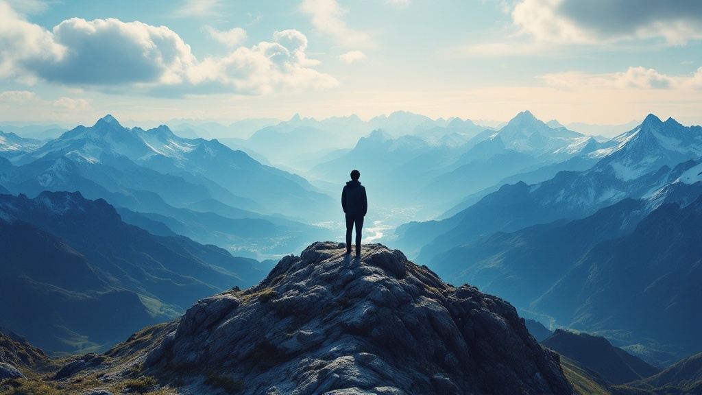 A person standing on a mountain peak, looking over a vast landscape of mountains and valleys.