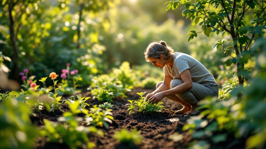 A person tending to young plants in a garden, symbolizing the importance of consistency and patience in manifestation.