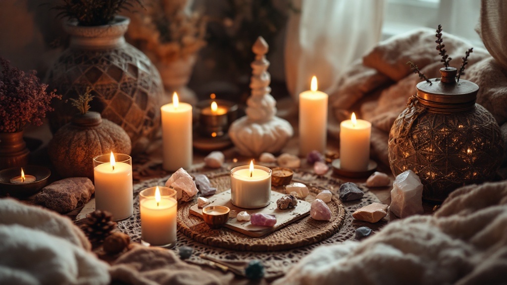 A cozy space filled with candles and crystals for a manifestation ritual