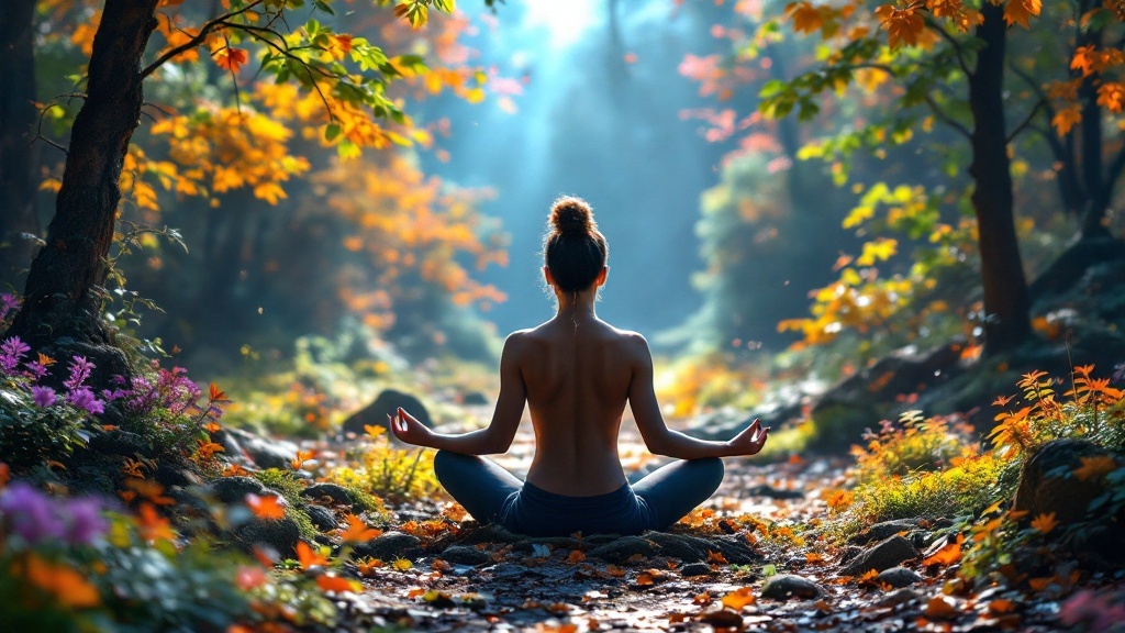A person meditating outdoors surrounded by autumn foliage, reflecting tranquility and emotional alignment.