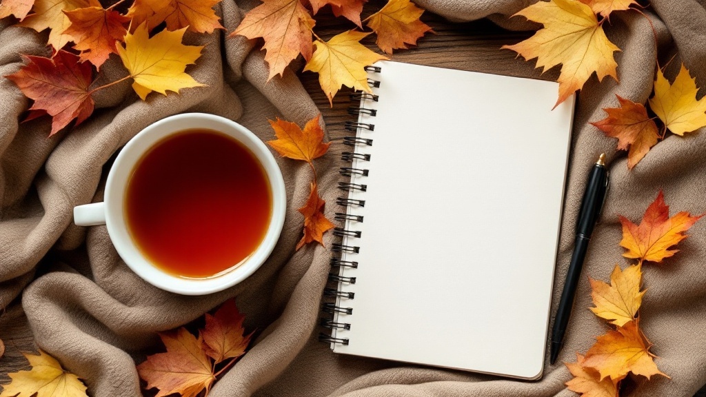 A cozy autumn scene with a cup of tea, a blank notebook, and colorful leaves