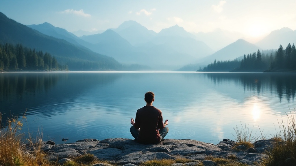 A person meditating by a calm lake surrounded by mountains