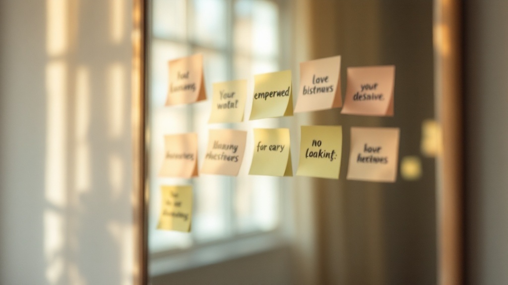 Colorful sticky notes with positive affirmations on a mirror.
