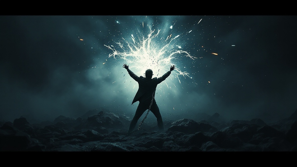 A figure in a dramatic pose surrounded by an explosion of light, symbolizing the release of limiting beliefs.