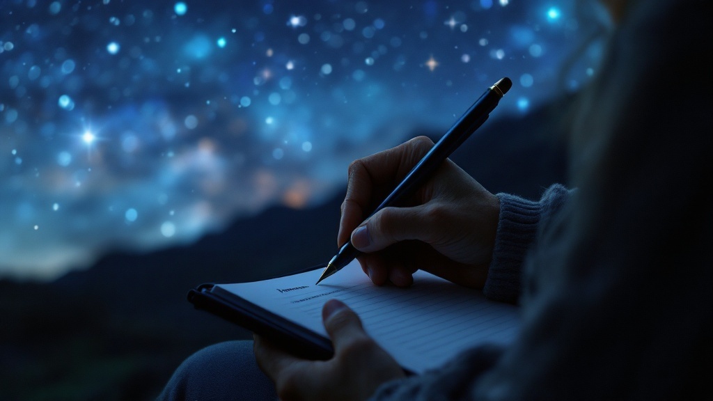A person writing in a notebook under a starry sky