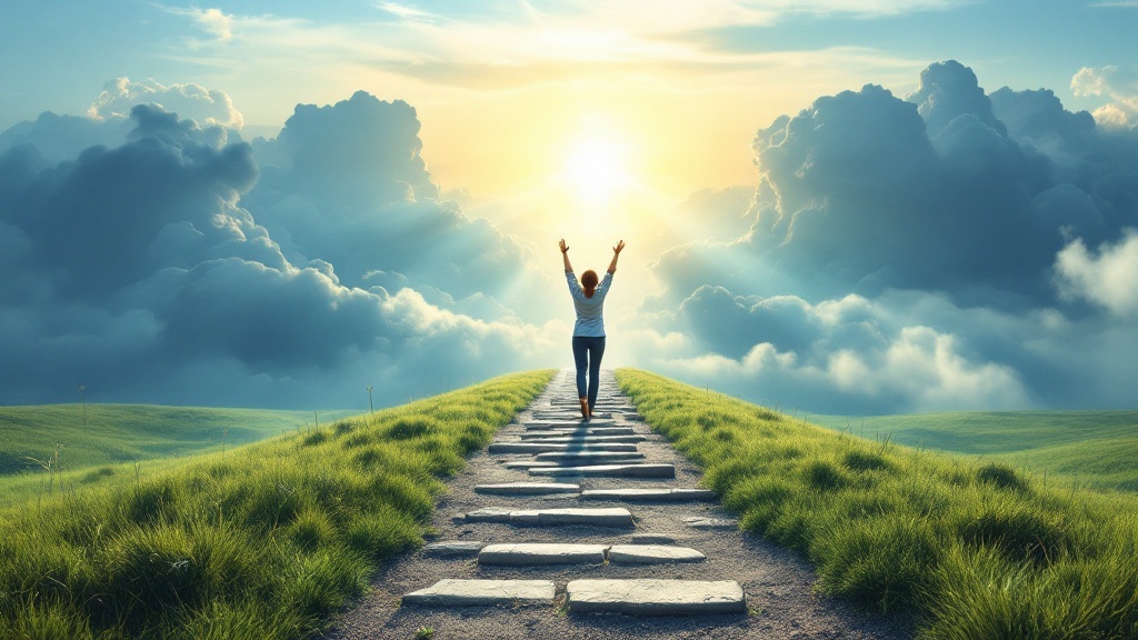 A person walking on a stone path towards a bright sky, symbolizing taking inspired action in the journey of manifestation.