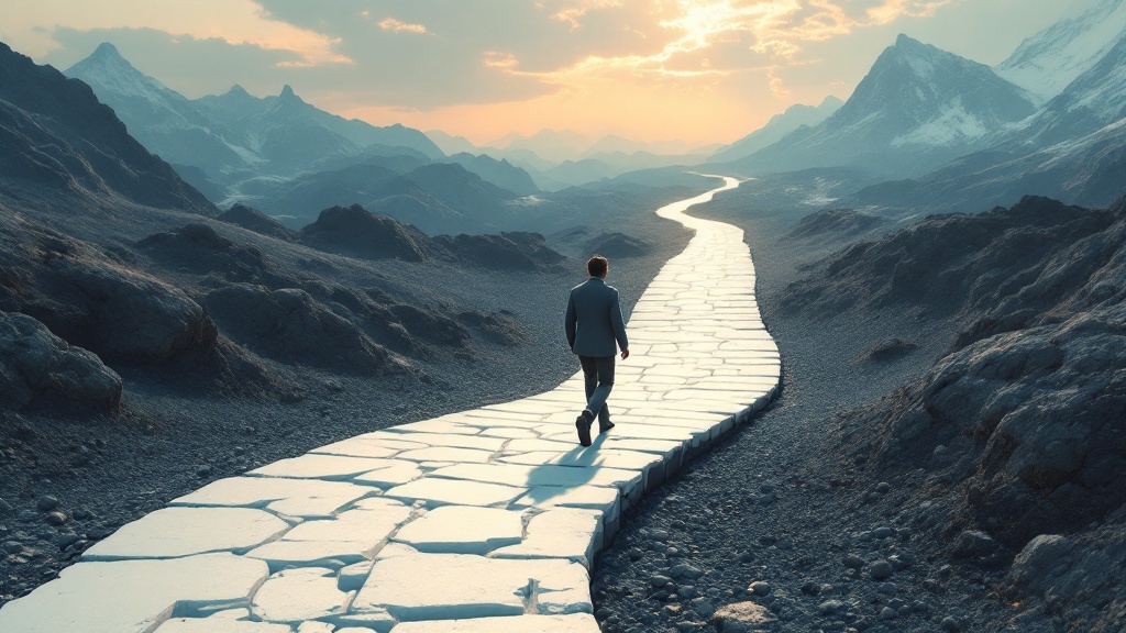 A person in a suit walking on a winding path through mountains, symbolizing the journey towards success and abundance.