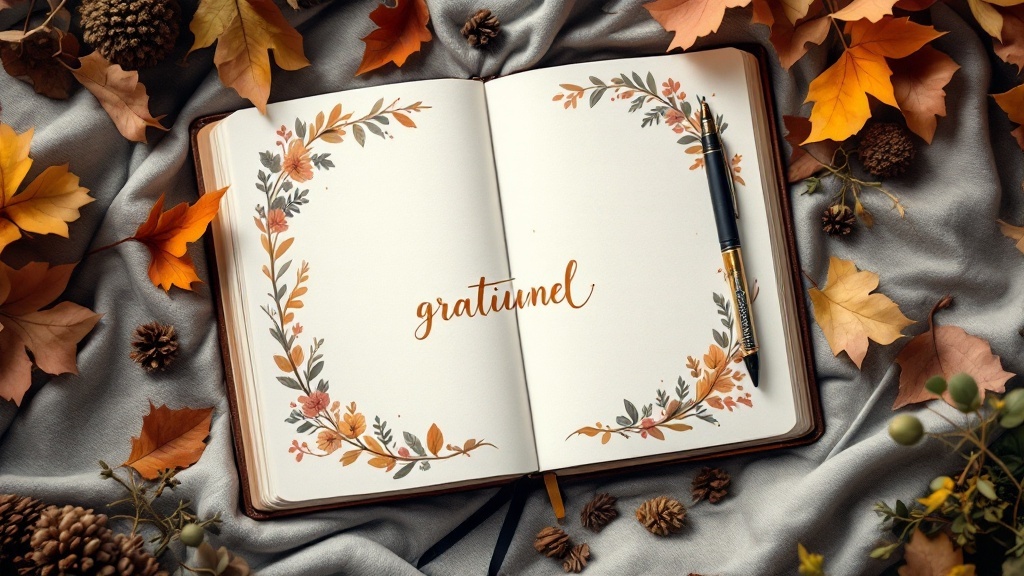 An open gratitude journal surrounded by autumn leaves and pinecones.