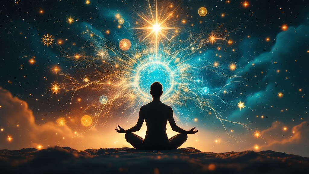 A person meditating surrounded by cosmic energy and light, symbolizing the Law of Attraction.