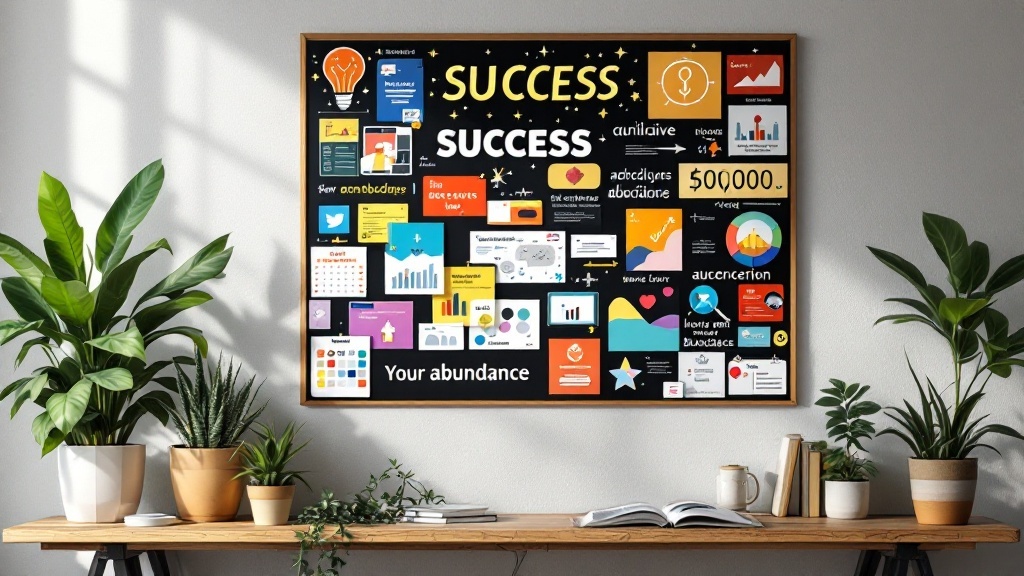 A colorful vision board displaying the word 'SUCCESS' along with various charts and symbols representing growth and abundance.