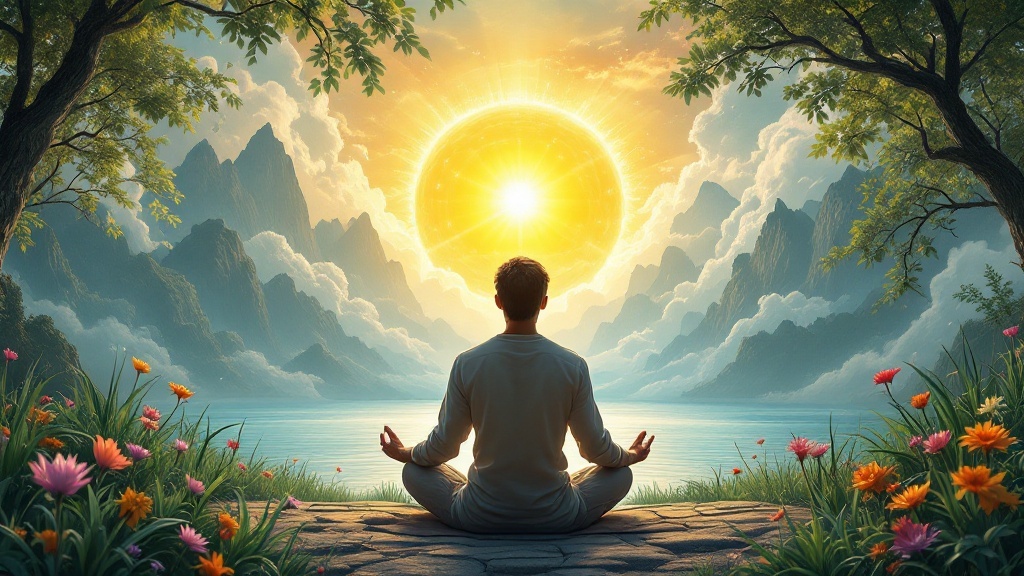 A person meditating by a lake surrounded by mountains and flowers, with a bright sun rising in the background.