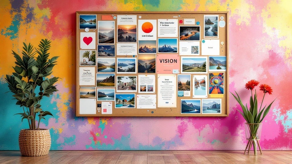 A colorful vision board filled with images, quotes, and affirmations representing various goals and aspirations.