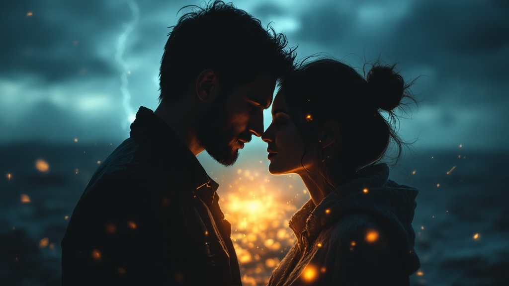 A couple facing each other with a dramatic stormy background, symbolizing the challenges faced by soulmates.