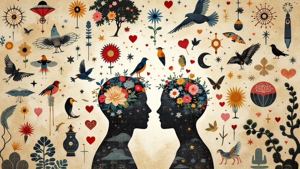 An artistic representation of two silhouetted figures facing each other, their heads filled with flowers and birds, surrounded by colorful symbols of love and nature.