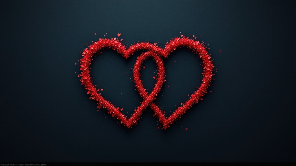 Two intertwined red hearts made of smaller red hearts on a dark background