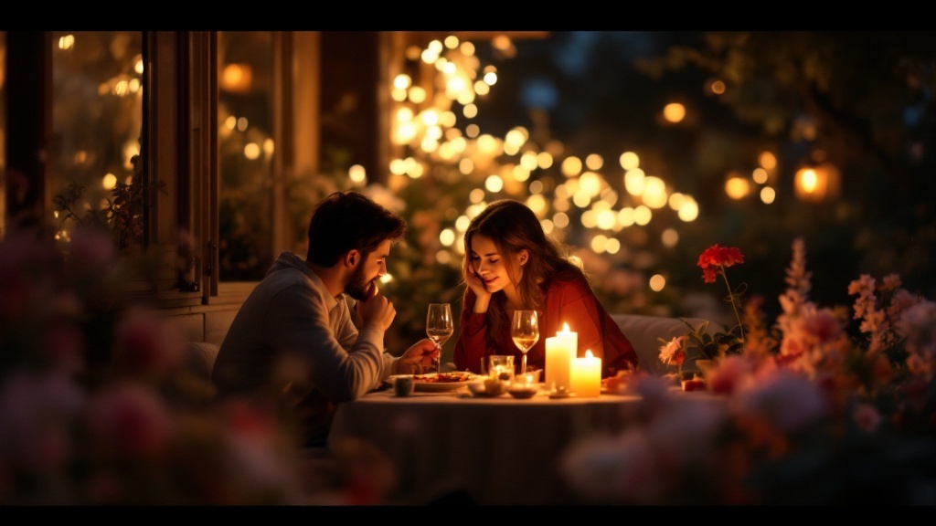 A couple enjoying a romantic dinner with candles and flowers, representing intimacy in soulmate relationships.