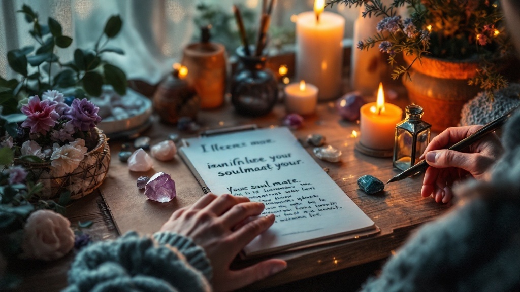 A person writing about manifesting their soulmate with candles and crystals around.