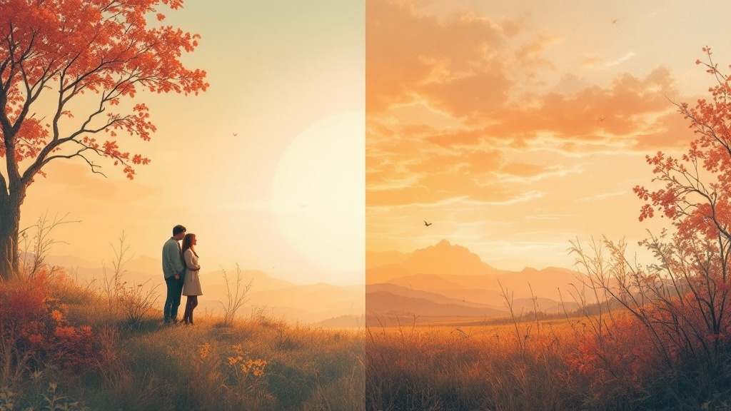 A couple standing together in a picturesque landscape during sunset, symbolizing love and companionship.