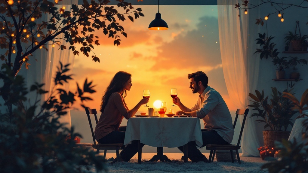A couple having a romantic dinner with a sunset backdrop, symbolizing connection and love.