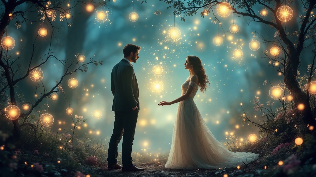 A couple in an enchanting forest, surrounded by soft lights, symbolizes a soulmate connection.