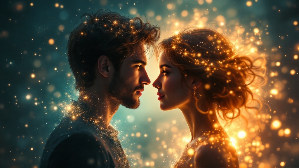 A couple gazing into each other's eyes, surrounded by a magical glow, symbolizing deep connection and love.