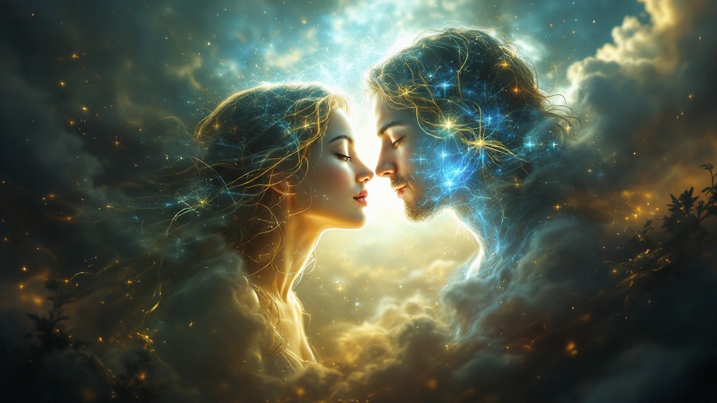 Artistic representation of two soulmates connected in a cosmic embrace, surrounded by light and clouds.