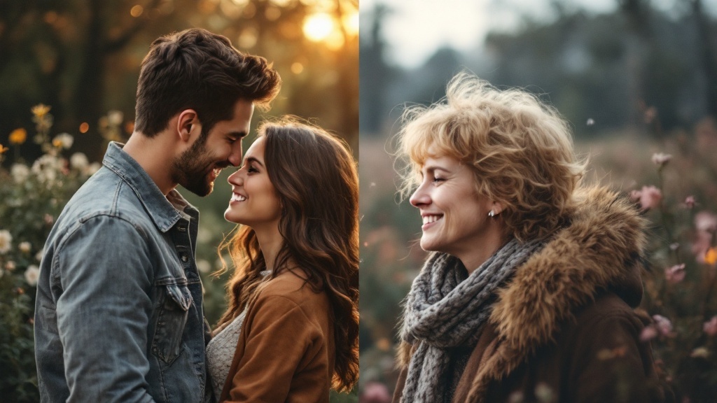 A young couple smiling at each other, representing soulmates, alongside a mature woman smiling warmly, representing lifelong partners.