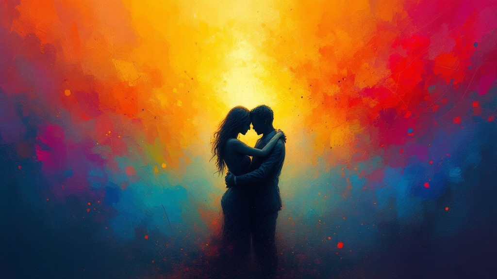 A couple embracing in a colorful, abstract background, representing deep emotional connections.