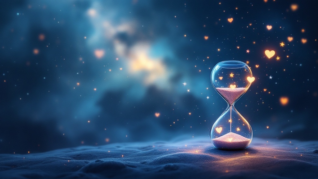 An hourglass with hearts and sparkling sand, symbolizing the importance of timing in soulmate relationships.