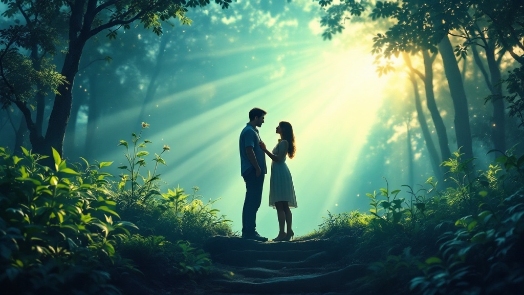A couple standing in a sunlit forest, holding hands and sharing a moment of connection.