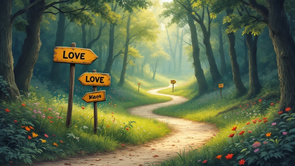 A winding forest path with signs pointing towards 'Love.'