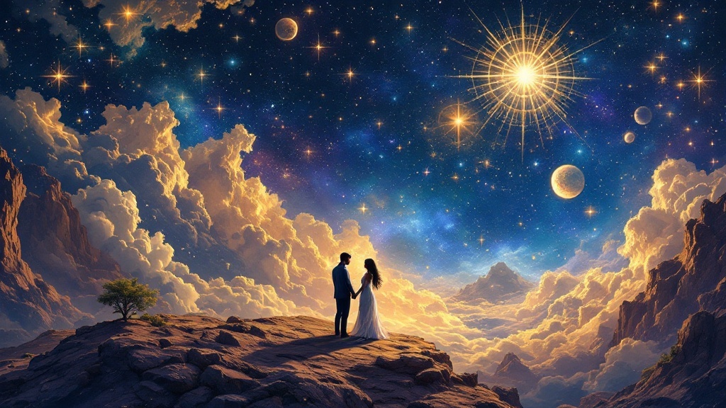 A couple standing together under a starry sky, symbolizing the cosmic connection of soulmates.