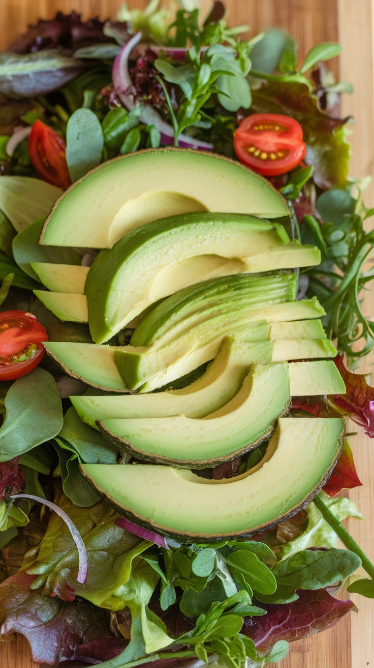 A fresh salad with arugula, sweet potatoes, avocado slices, cherry tomatoes, and red onion.