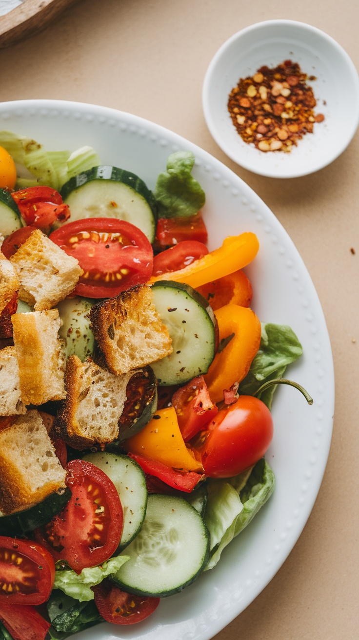 A colorful sweet potato arugula salad with tomatoes, cucumbers, and bell peppers topped with chili flakes.