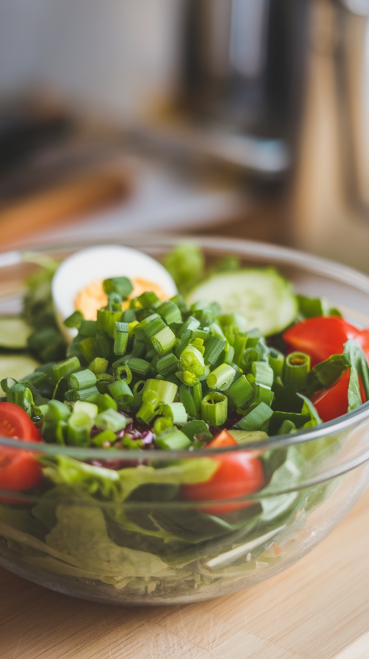 A fresh and colorful Sweet Potato Arugula Salad with chopped green onions, cherry tomatoes, and cucumber.