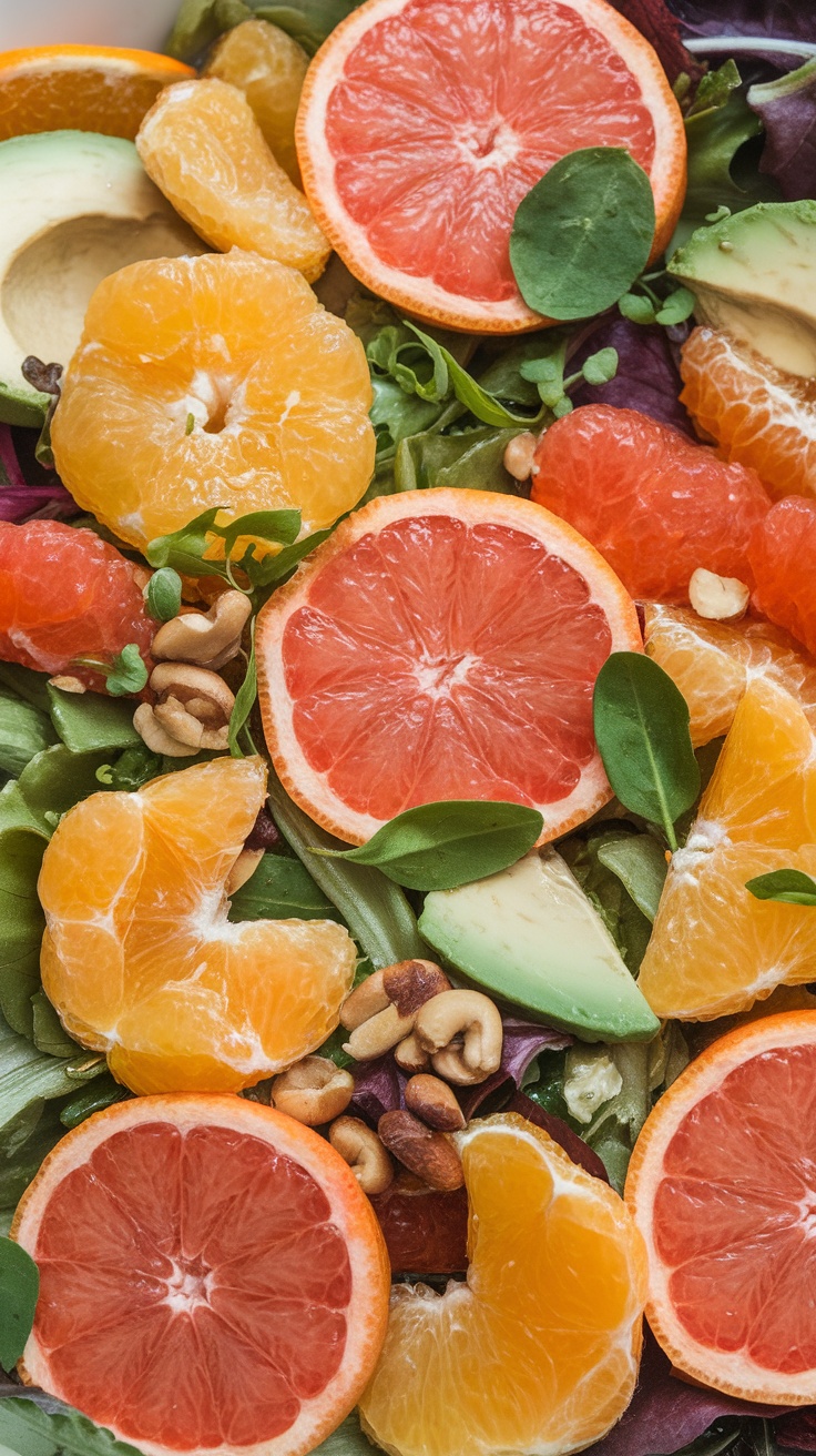 A colorful Sweet Potato Arugula Salad featuring citrus segments and avocado.