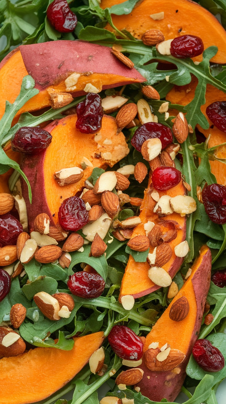 A colorful salad featuring sweet potatoes, arugula, cranberries, and nuts.