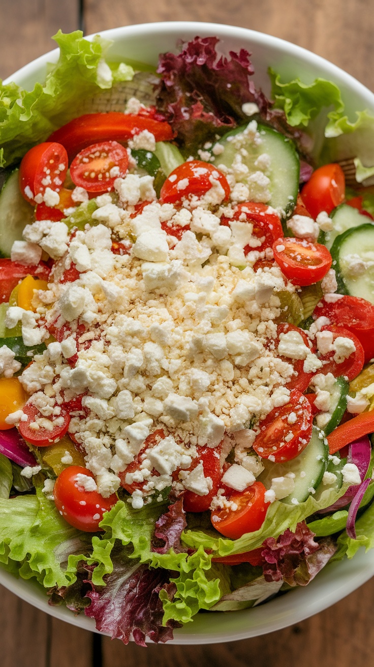 Fresh Sweet Potato Arugula Salad topped with feta cheese crumbles and colorful vegetables