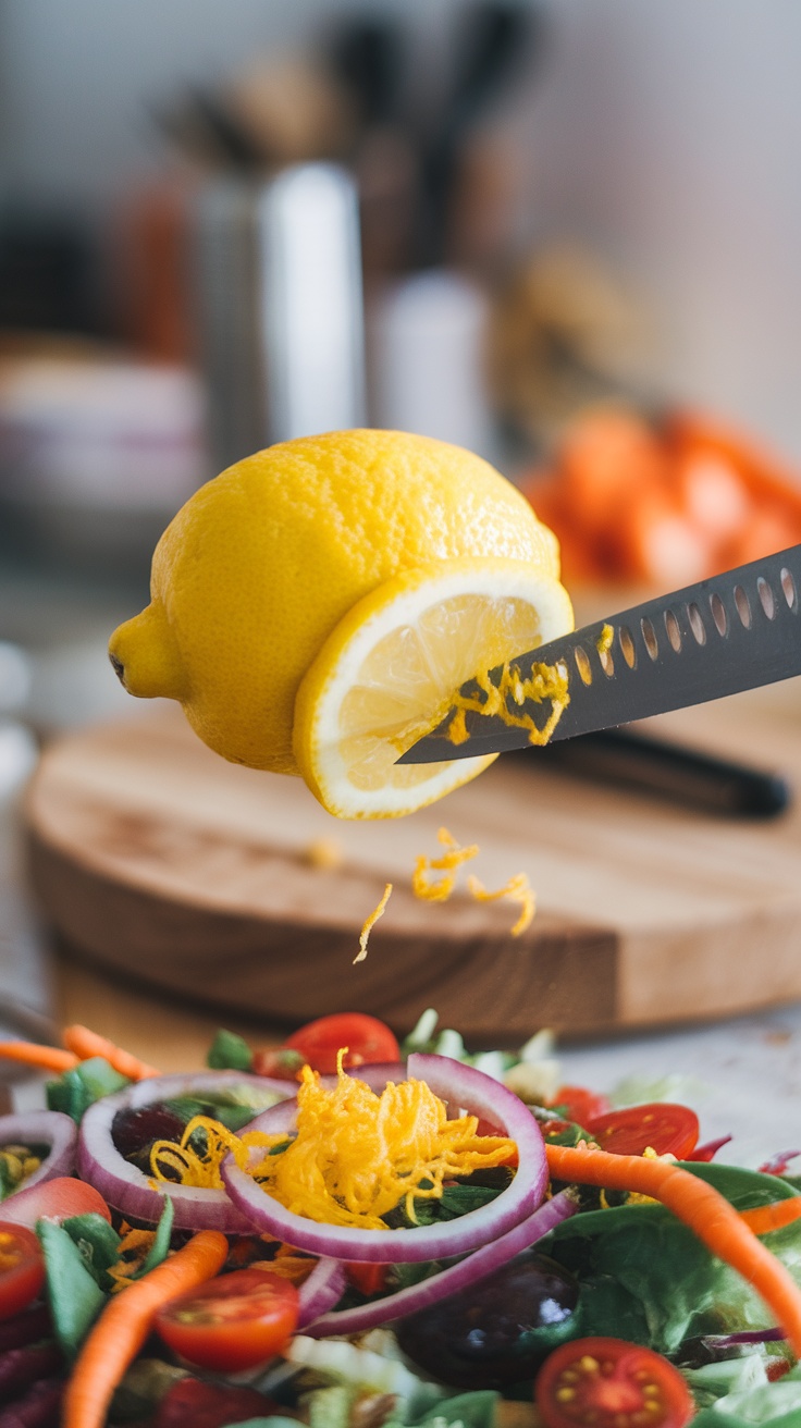 Lemon zest being grated over a fresh salad.